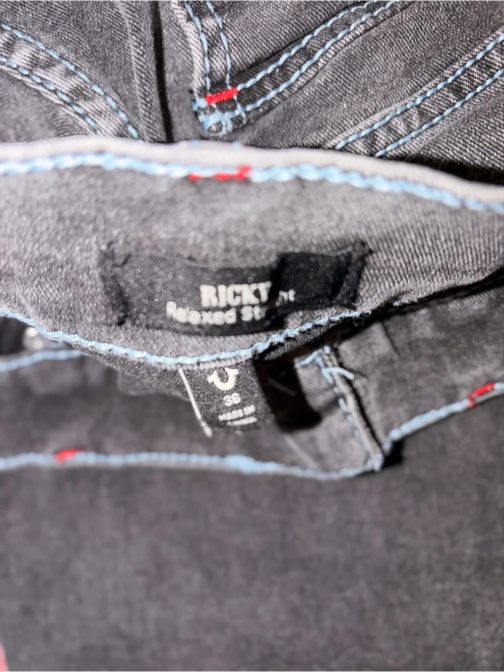 True Religion Ricky Men’s Charcoal Gray Straight Leg Jeans with Red Stitching